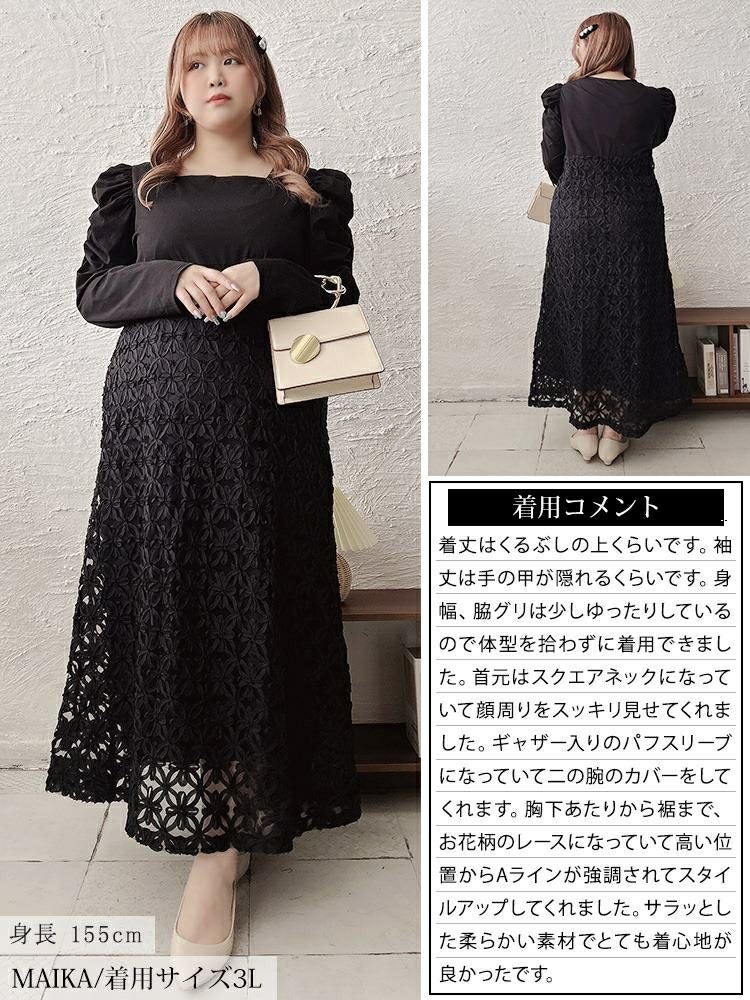 大きいサイズ レディース 刺繍チュール切り替えパワショルワンピース