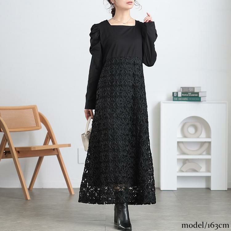 大きいサイズ レディース 刺繍チュール切り替えパワショルワンピース　maru-30099 ブラック