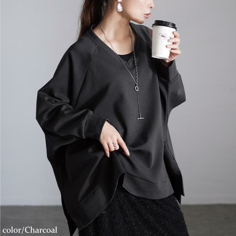 大きいサイズ レディース Vネックワイドドルマンプルオーバー　maru-30078 チャコール