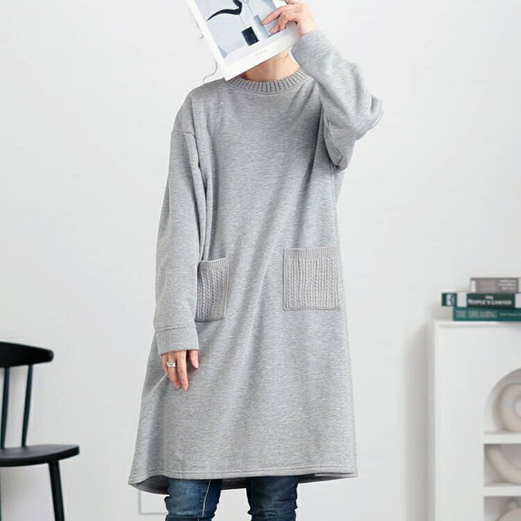 大きいサイズ レディース 裏起毛ケーブルニットポケットチュニック　cast-1648040