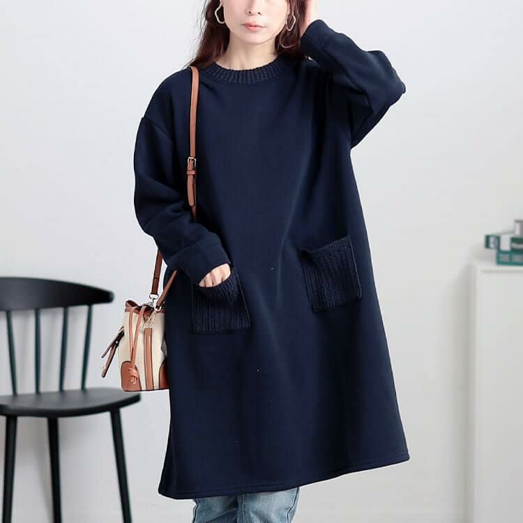 大きいサイズ レディース 裏起毛ケーブルニットポケットチュニック　cast-1648040 ネイビー