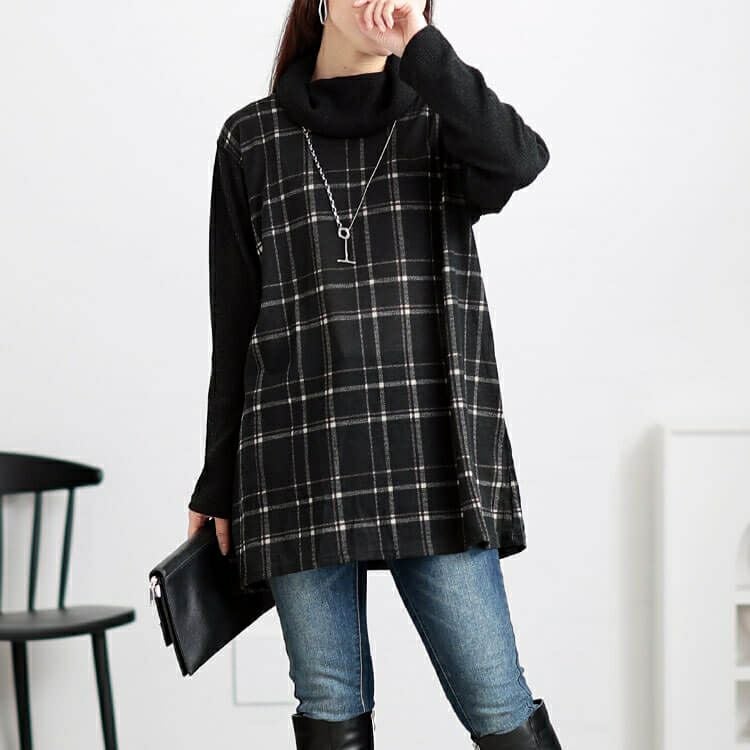 大きいサイズ レディース 静電気防止オフタートルチェック柄チュニック　cast-5548017