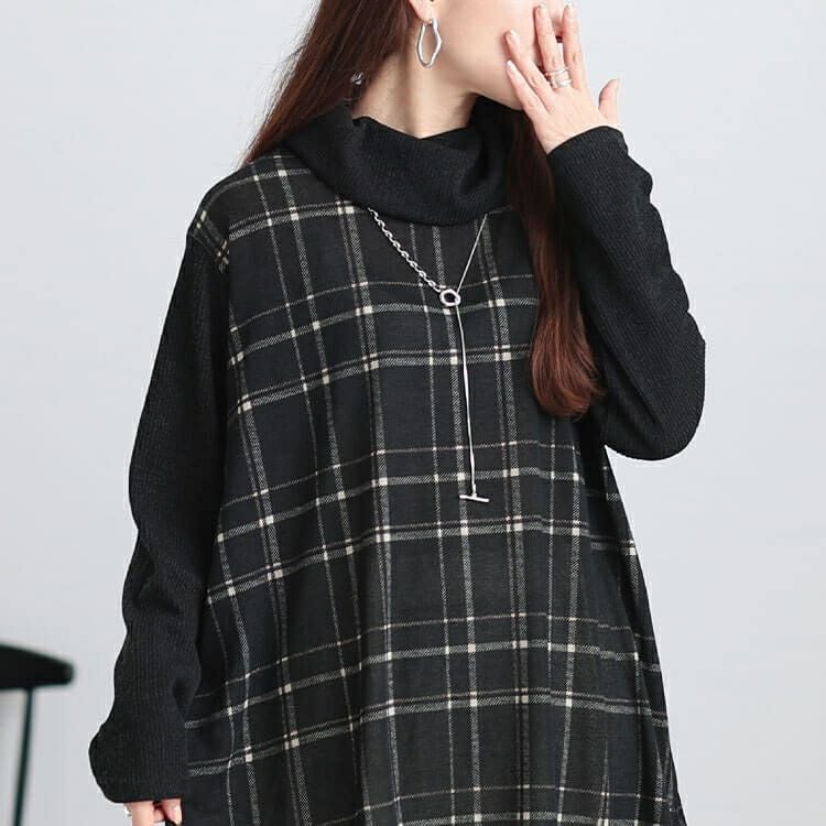 大きいサイズ レディース 静電気防止オフタートルチェック柄チュニック　cast-5548017