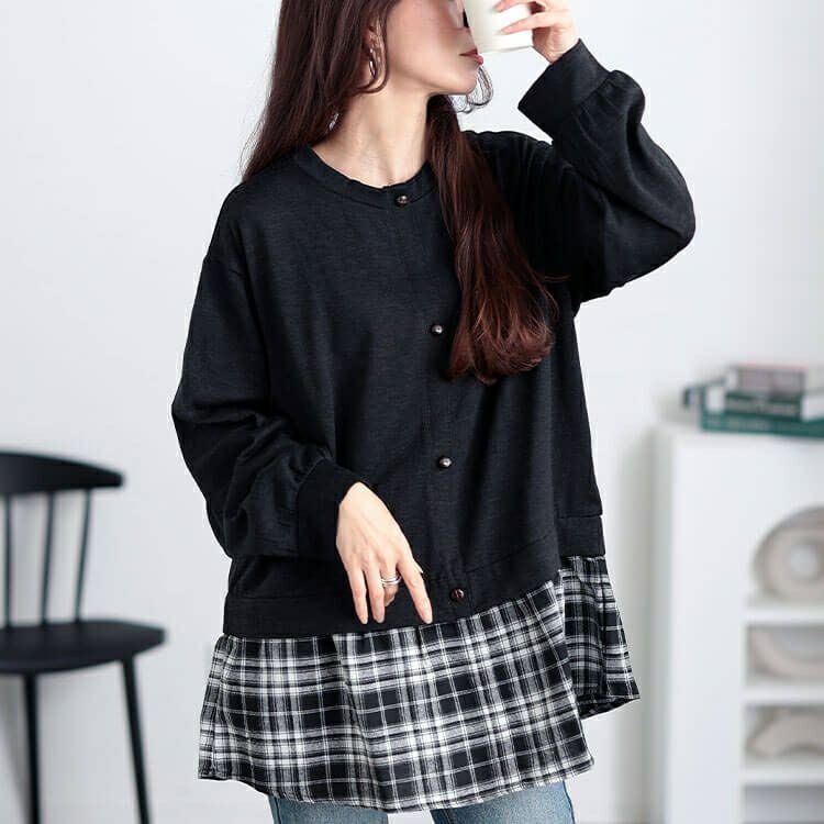 大きいサイズ レディース カーデ重ね着風チェック柄シャツチュニック　cast-5548013