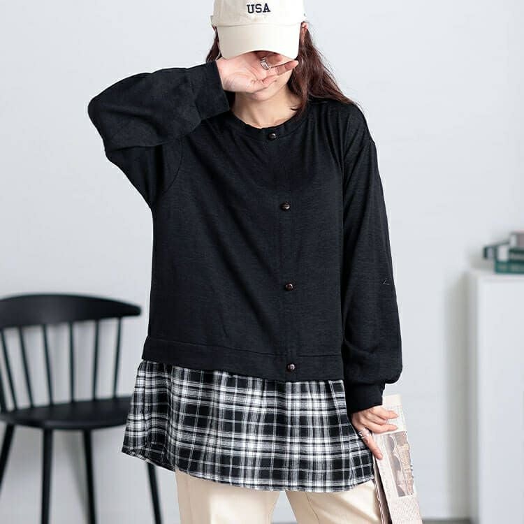 大きいサイズ レディース カーデ重ね着風チェック柄シャツチュニック　cast-5548013