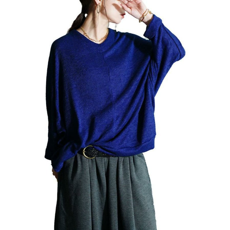 大きいサイズ レディース Vネックワイドドルマンプルオーバー　cast-5548020 ブルー