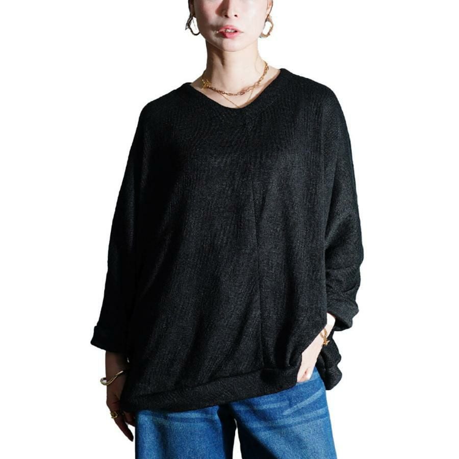 大きいサイズ レディース Vネックワイドドルマンプルオーバー　cast-5548020 ブラック