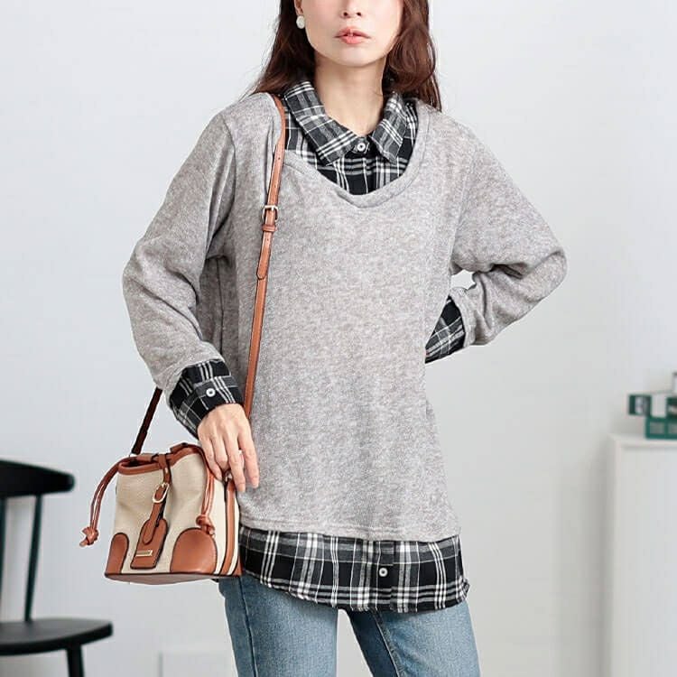 大きいサイズ レディース チェックシャツフェイクレイヤードプルオーバー　cast-5548019