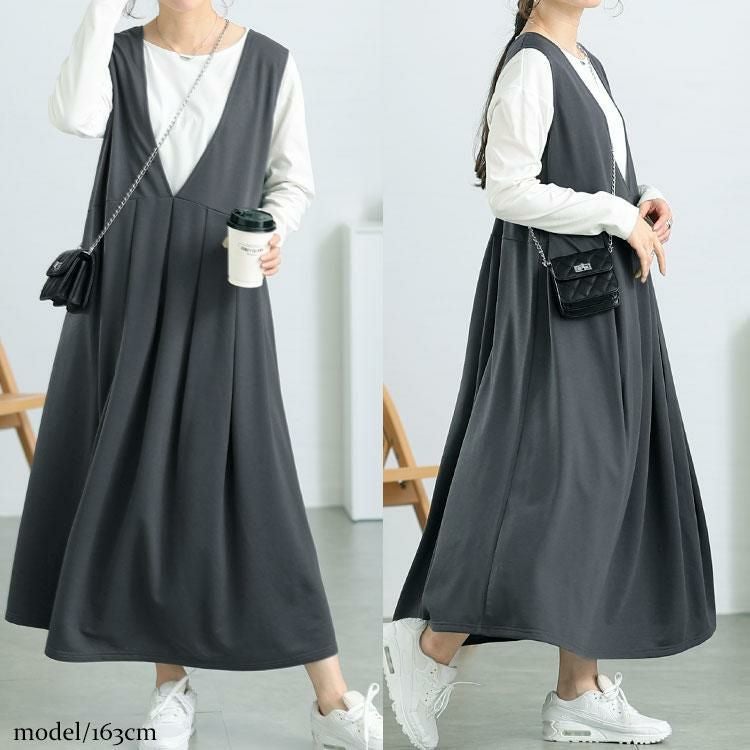 大きいサイズ レディース 前後2wayタックジャンパースカート　fem-546 グレー