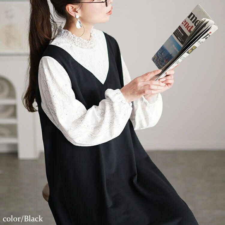 大きいサイズ レディース レースブラウスドッキングワンピース　fem-544