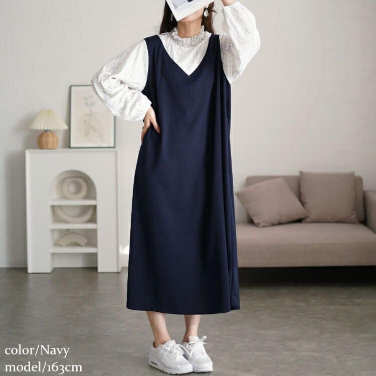 大きいサイズ レディース レースブラウスドッキングワンピース　fem-544