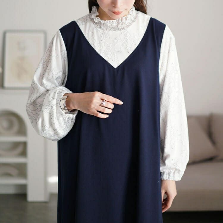 大きいサイズ レディース レースブラウスドッキングワンピース　fem-544