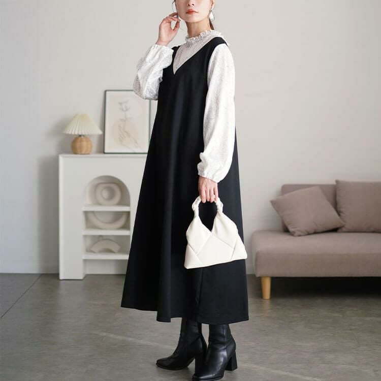 大きいサイズ レディース レースブラウスドッキングワンピース　fem-544 ブラック