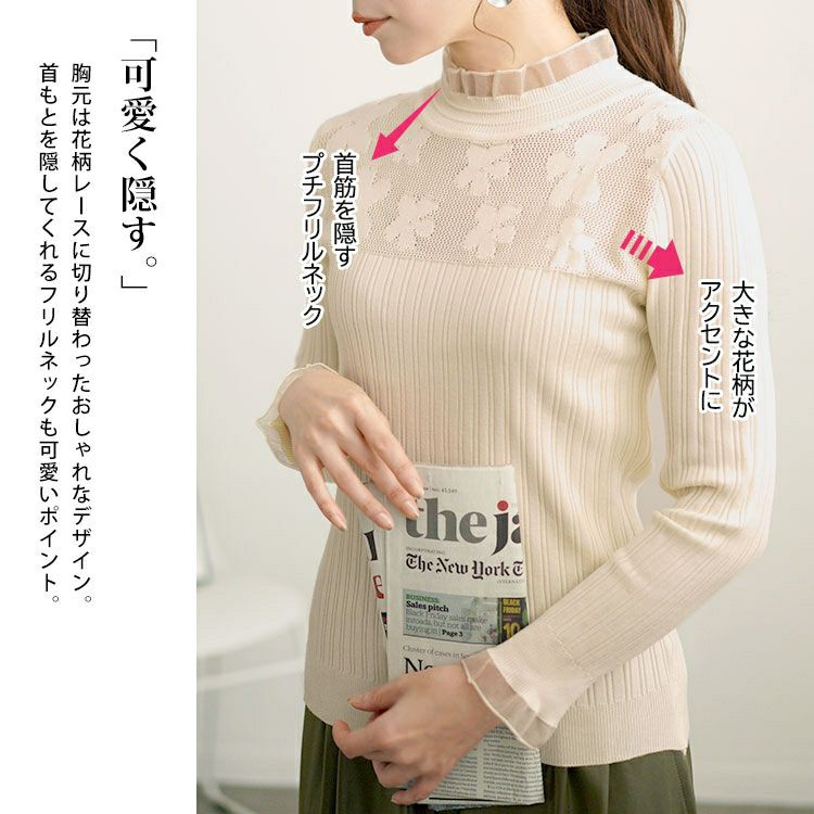 大きいサイズ レディース フラワーレースリブニットソー　goldy-1614