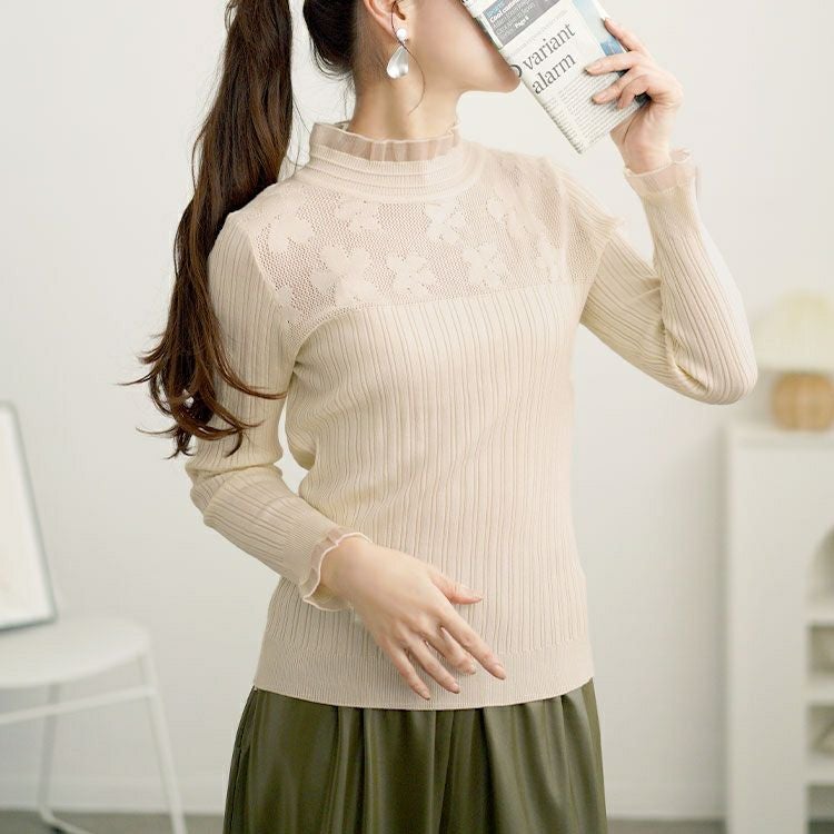 大きいサイズ レディース フラワーレースリブニットソー　goldy-1614