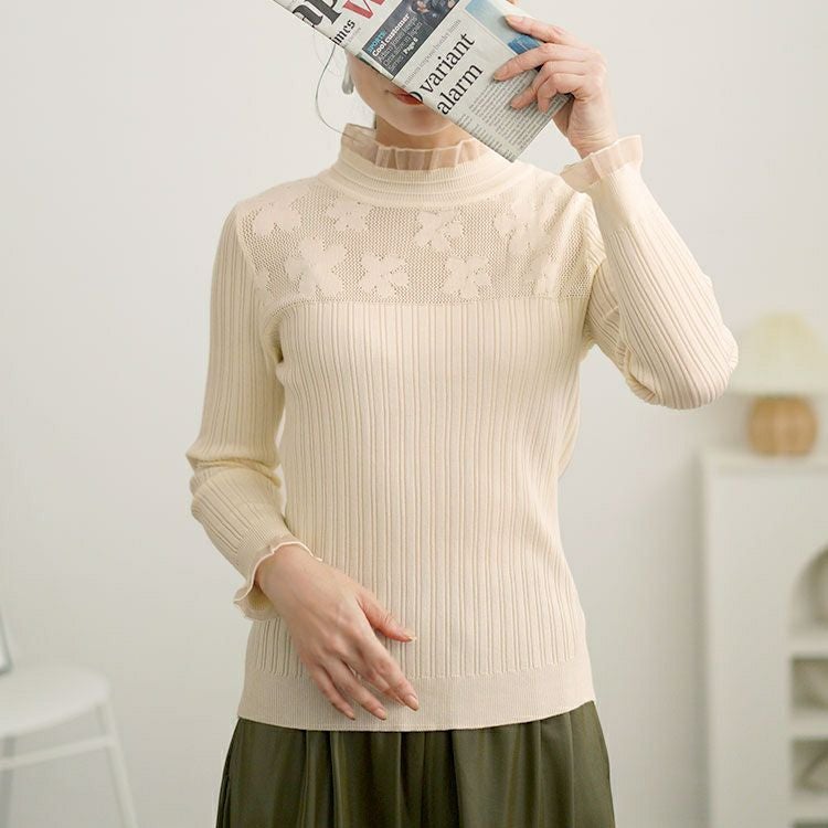 大きいサイズ レディース フラワーレースリブニットソー　goldy-1614