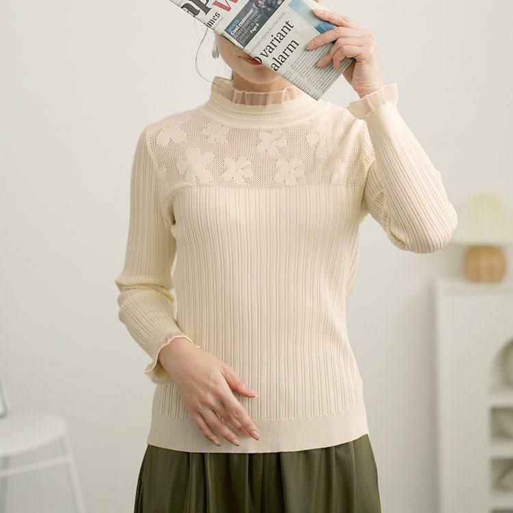 大きいサイズ レディース フラワーレースリブニットソー　goldy-1614 オフホワイト