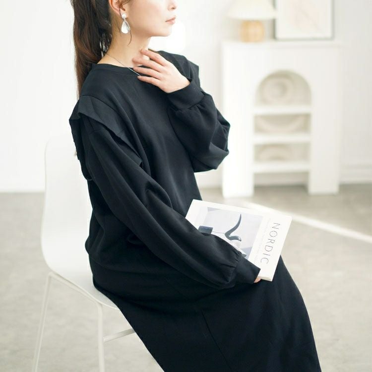 大きいサイズ レディース 肩フリルスウェットワンピース　goldy-1611