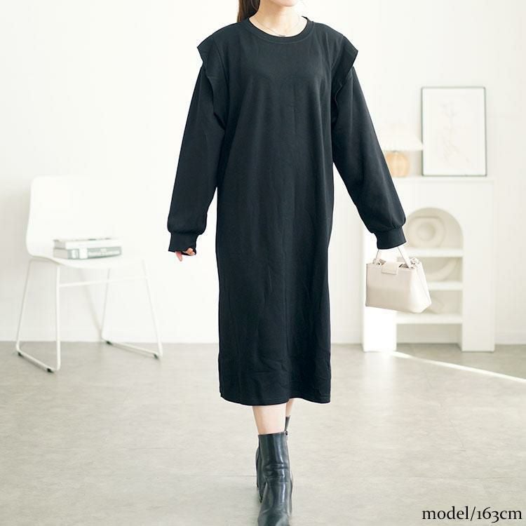 大きいサイズ レディース 肩フリルスウェットワンピース　goldy-1611 ブラック