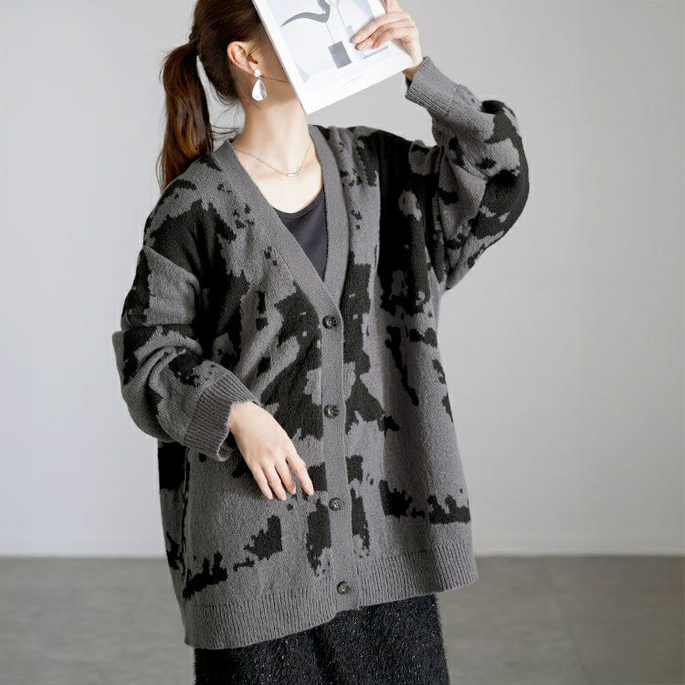 大きいサイズ レディース 迷彩柄ジャガードニットカーディガン　bro-0054