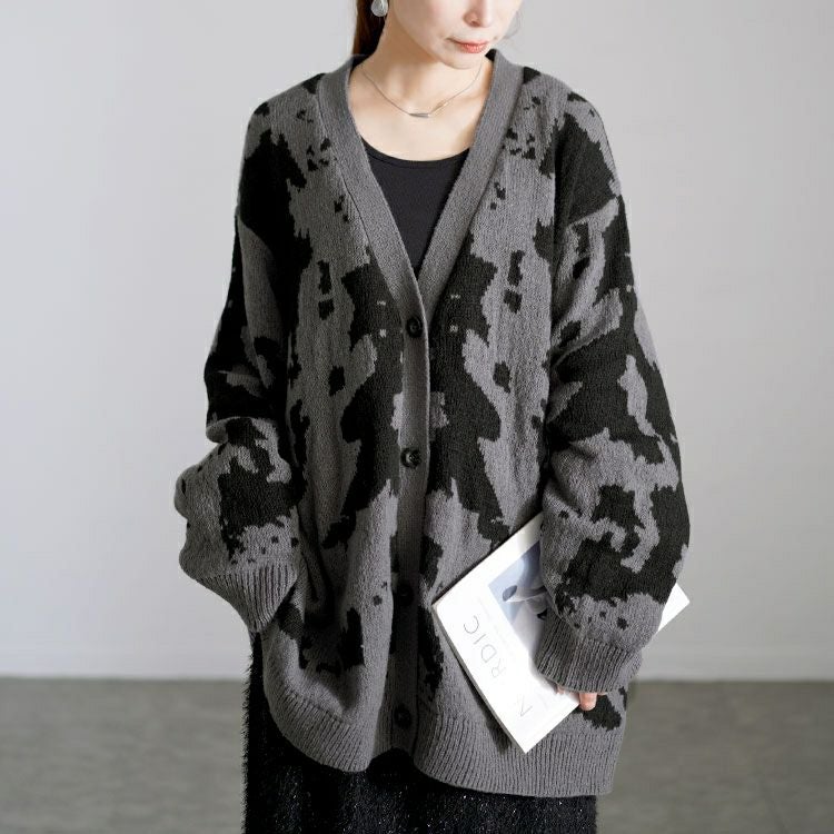 大きいサイズ レディース 迷彩柄ジャガードニットカーディガン　bro-0054