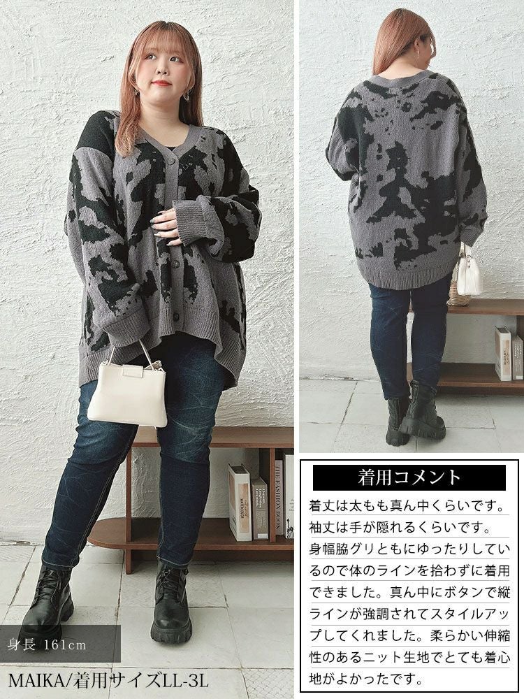 大きいサイズ レディース 迷彩柄ジャガードニットカーディガン　bro-0054