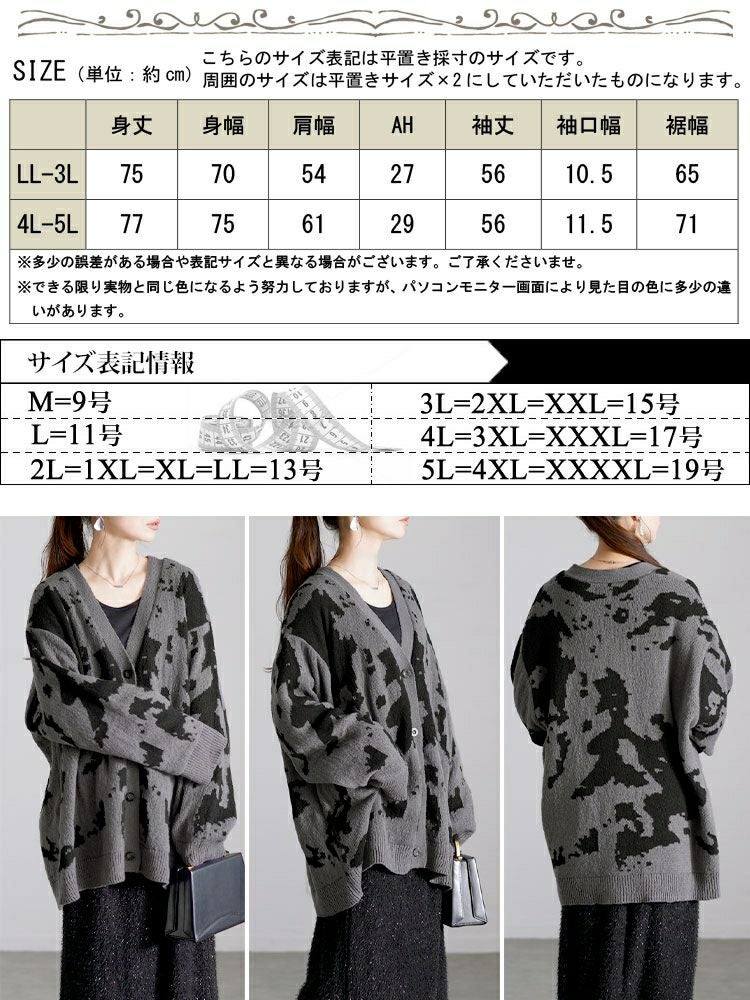 大きいサイズ レディース 迷彩柄ジャガードニットカーディガン　bro-0054