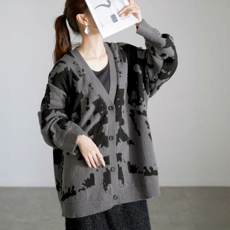 大きいサイズ レディース 迷彩柄ジャガードニットカーディガン　bro-0054 グレー