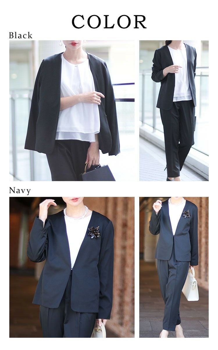 大きいサイズ レディース カラーレスジャケット＆ブラウス＆パンツ3点セットスーツ　mnst-542201