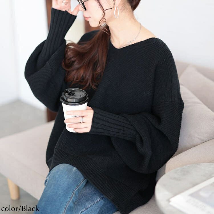 大きいサイズ レディース ボリュームスリーブリブニットプルオーバー　maru-20010