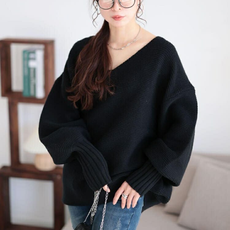 大きいサイズ レディース ボリュームスリーブリブニットプルオーバー　maru-20010