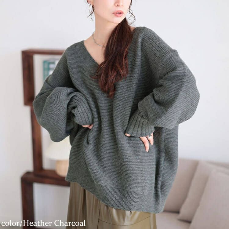 大きいサイズ レディース ボリュームスリーブリブニットプルオーバー　maru-20010