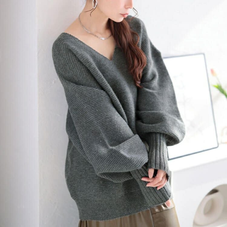 大きいサイズ レディース ボリュームスリーブリブニットプルオーバー　maru-20010