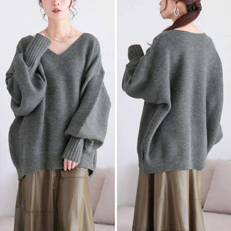 大きいサイズ レディース ボリュームスリーブリブニットプルオーバー　maru-20010