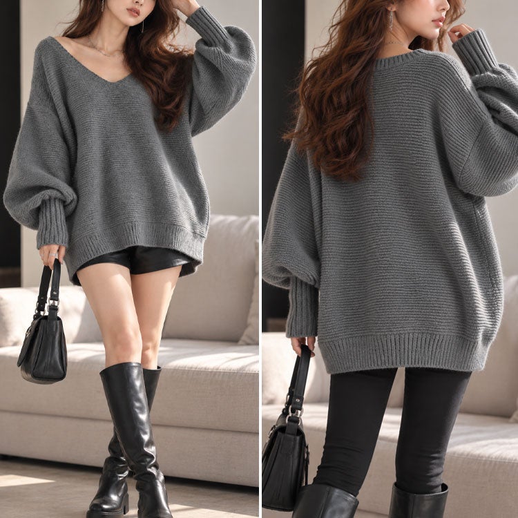 大きいサイズ レディース ボリュームスリーブリブニットプルオーバー　maru-20010
