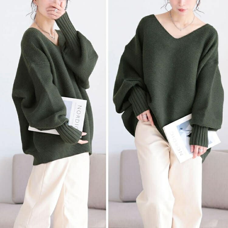 大きいサイズ レディース ボリュームスリーブリブニットプルオーバー　maru-20010