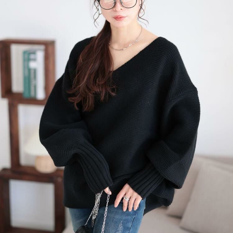 大きいサイズ レディース ボリュームスリーブリブニットプルオーバー　maru-20010 ブラック