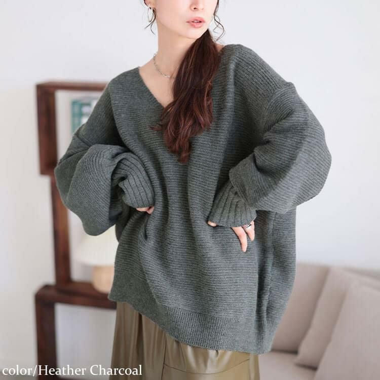 大きいサイズ レディース ボリュームスリーブリブニットプルオーバー　maru-20010 杢チャコール