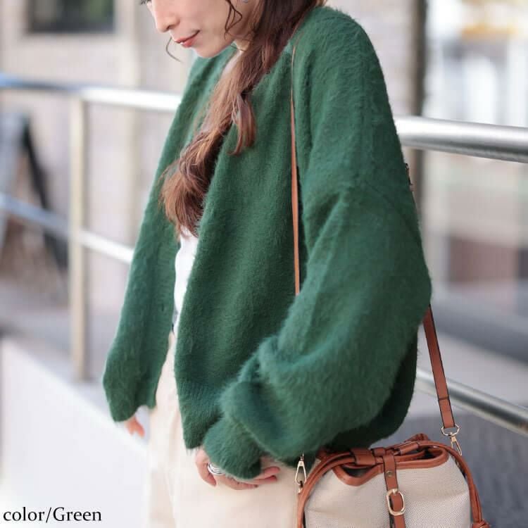 大きいサイズ レディース シャギーニットクロップドカーディガン　maru-20003 グリーン