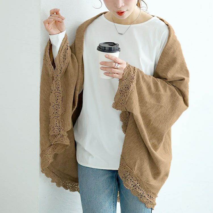 大きいサイズ レディース レース使いストール風ニットカーディガン　jp520