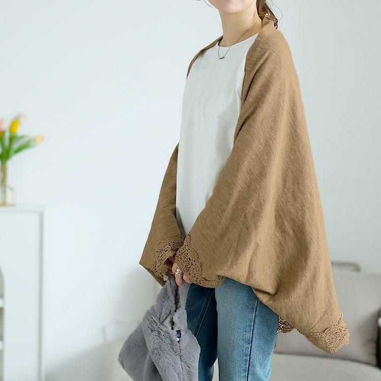 大きいサイズ レディース レース使いストール風ニットカーディガン　jp520 モカ