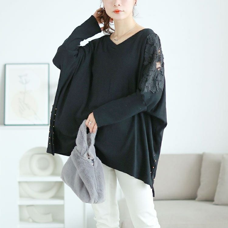 大きいサイズ レディース 肩レースVネックドルマンプルオーバー　jp517