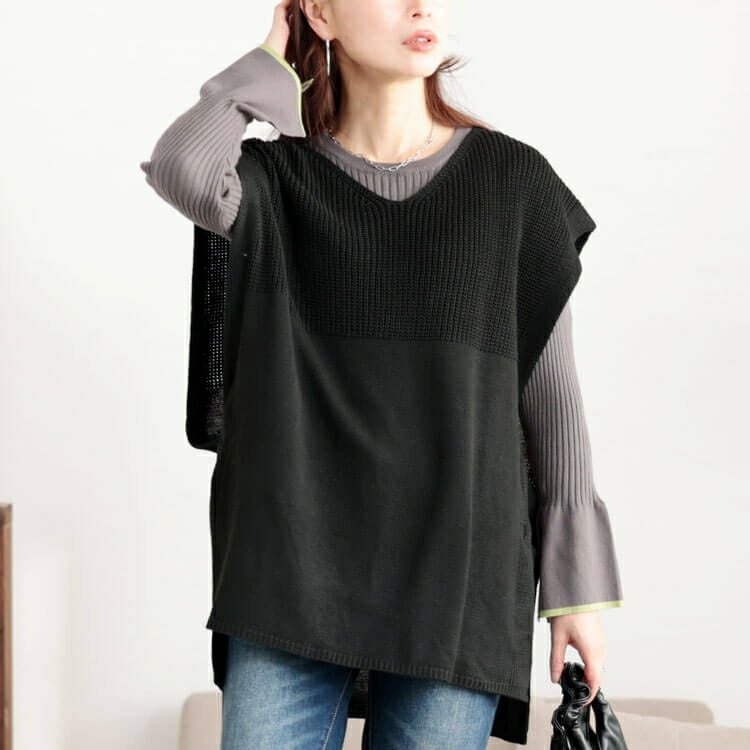 大きいサイズ レディース サイドベルト編み地切り替えニットベスト　fem-556