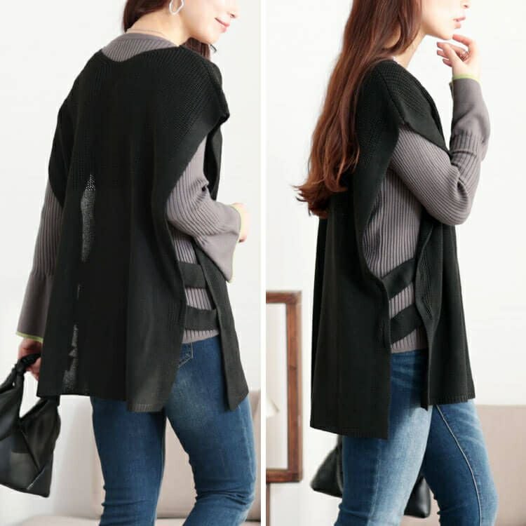 大きいサイズ レディース サイドベルト編み地切り替えニットベスト　fem-556