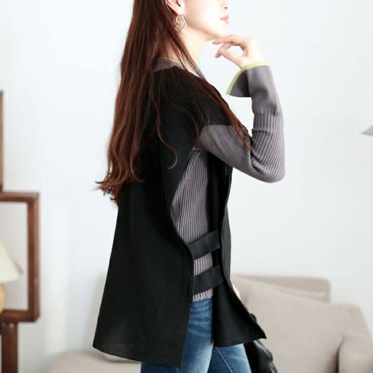 大きいサイズ レディース サイドベルト編み地切り替えニットベスト　fem-556