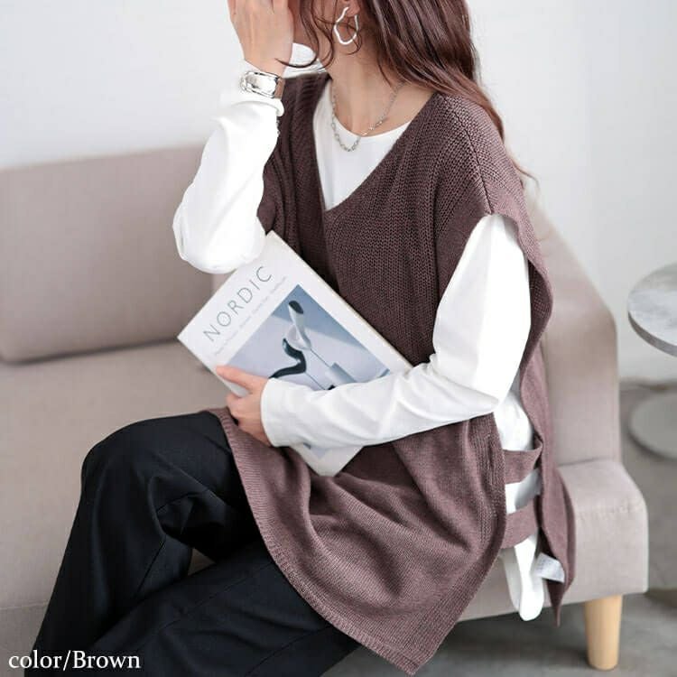 大きいサイズ レディース サイドベルト編み地切り替えニットベスト　fem-556