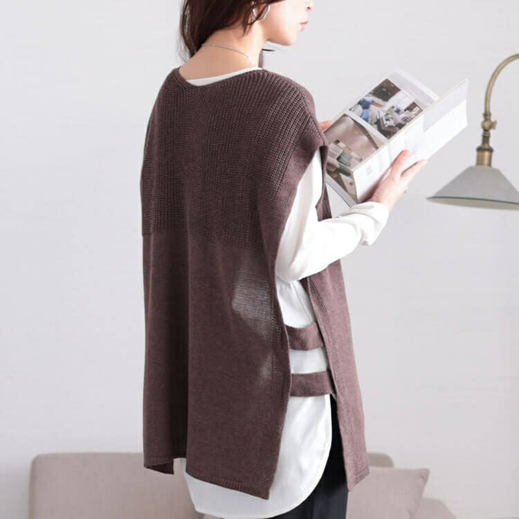 大きいサイズ レディース サイドベルト編み地切り替えニットベスト　fem-556