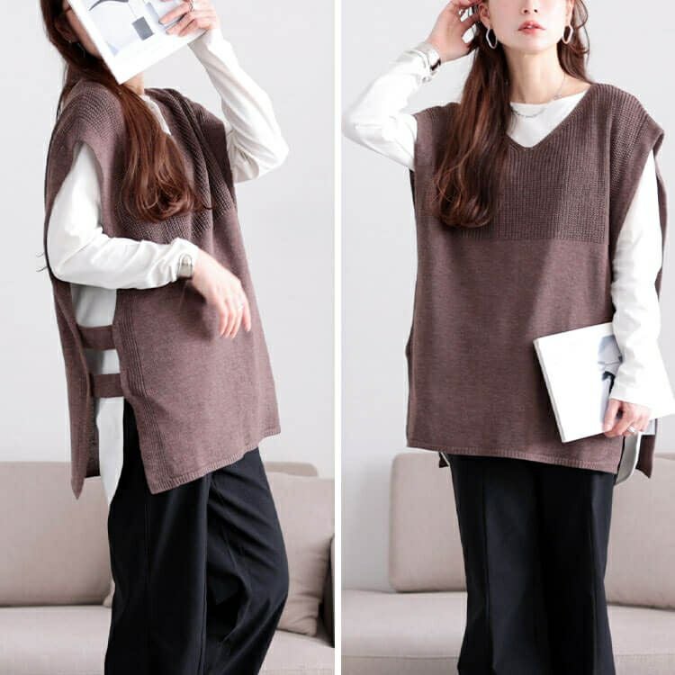 大きいサイズ レディース サイドベルト編み地切り替えニットベスト　fem-556