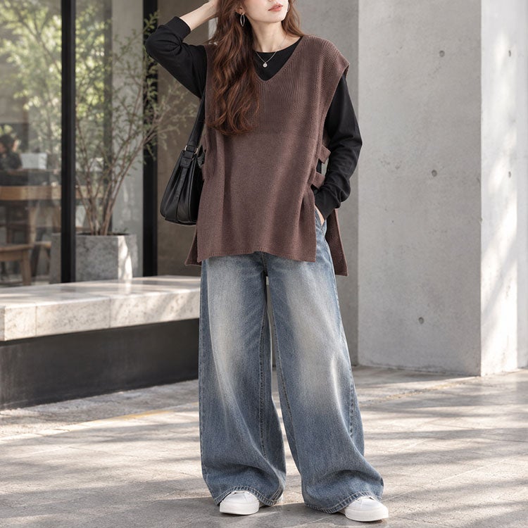 大きいサイズ レディース サイドベルト編み地切り替えニットベスト　fem-556