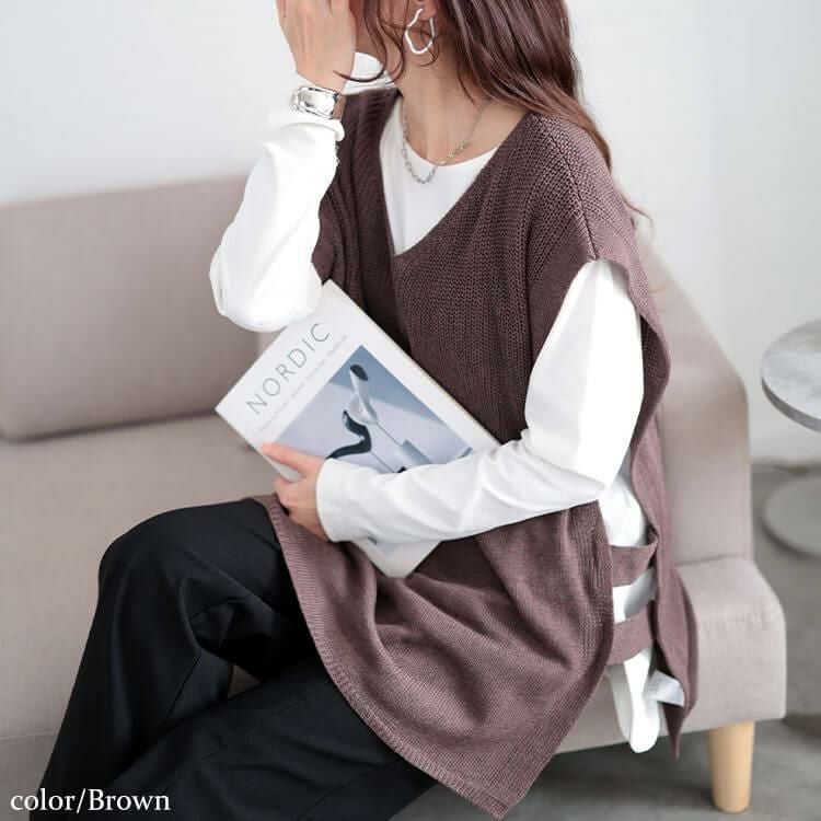 大きいサイズ レディース サイドベルト編み地切り替えニットベスト　fem-556 ブラウン